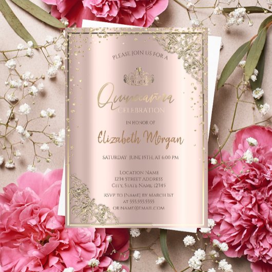 Invitation Chic Gold Tiara, Diamonds Rose Gold Quinceañera