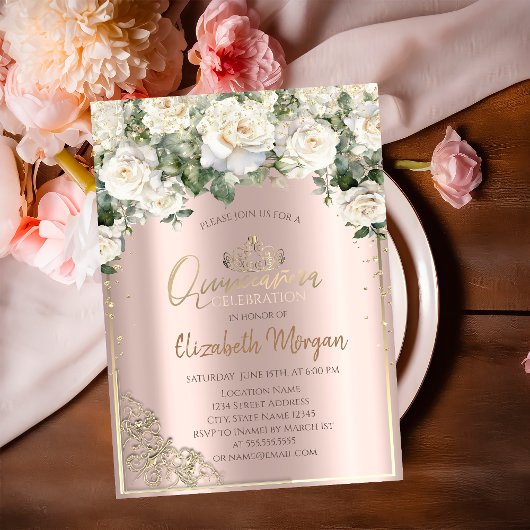 Invitation Chic Gold Tiara, Roses Blanches Diamonds Quinceañe