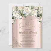 Invitation Chic Gold Tiara, Roses Blanches Diamonds Quinceañe (Devant)