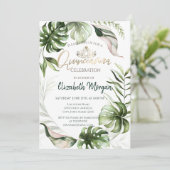 Invitation Chic Gold Tiara Tropical Feuilles Quinceañera (Debout devant)