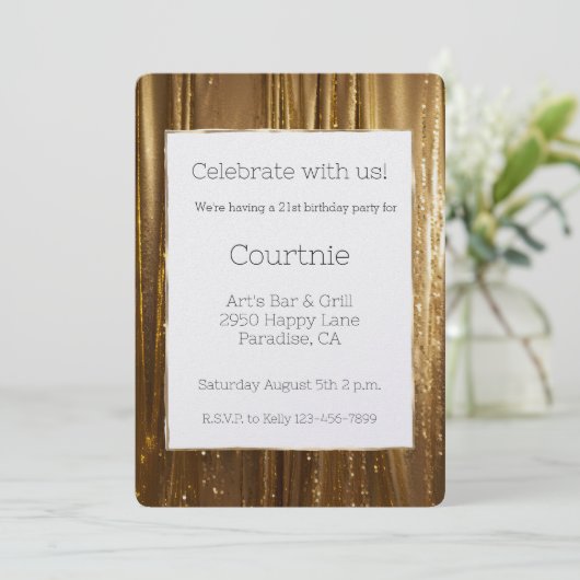 Invitation Chic Gold Tinsel Stripes 21e anniversaire (Debout devant)