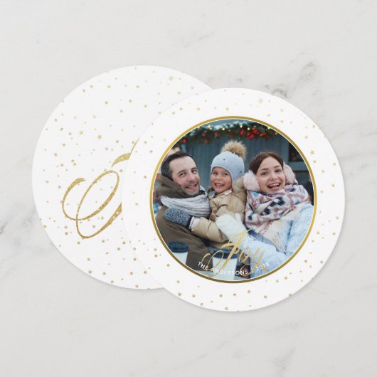 Invitation Chic Gold & White Joy Famille Photo Holiday (Devant / Derrière)