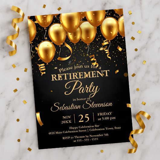 Invitation Chic Golden Balloons & Confetti Retirement Party 