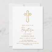 Invitation Chic Golden Cross Typographie Baptême (Devant)