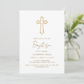 Invitation Chic Golden Cross Typographie Baptême (Debout devant)