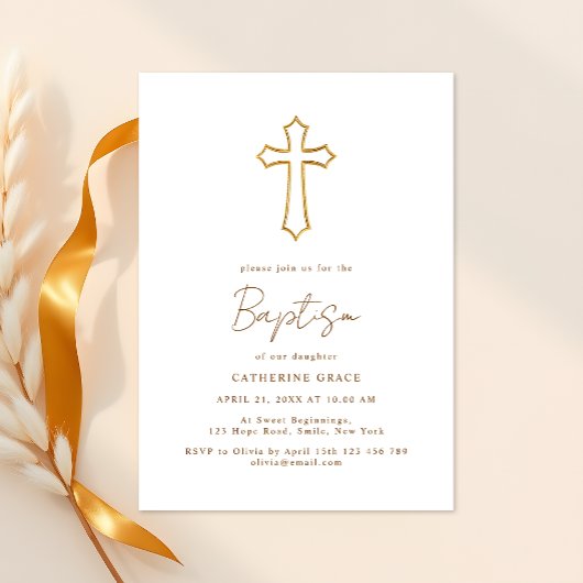 Invitation Chic Golden Cross Typographie Baptême