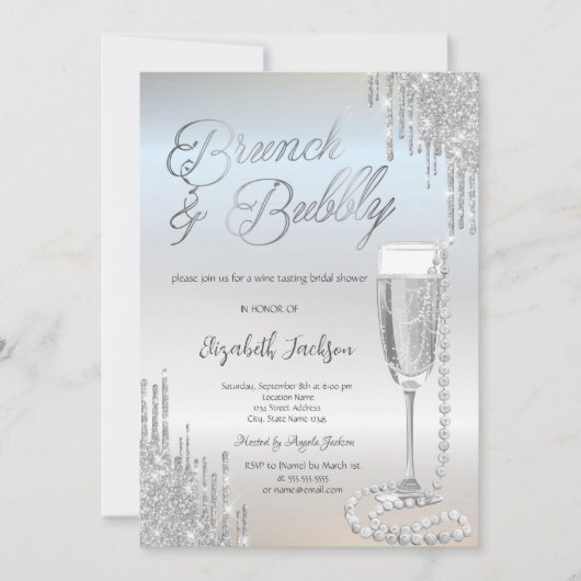Invitation Chic Gouttes d'Argent Perles Prosecco Enterrement  (Devant)