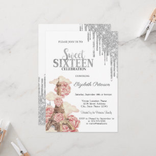 Invitation Chic Gouttes d'Argent, Tour Eiffel Pivoines Sweet 