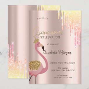 Invitation Chic gouttes de paillettes Flamant rose Quinceañer