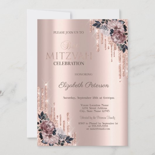 Invitation Chic gouttes de paillettes Fleurs Rose Gold Bat Mi (Devant)