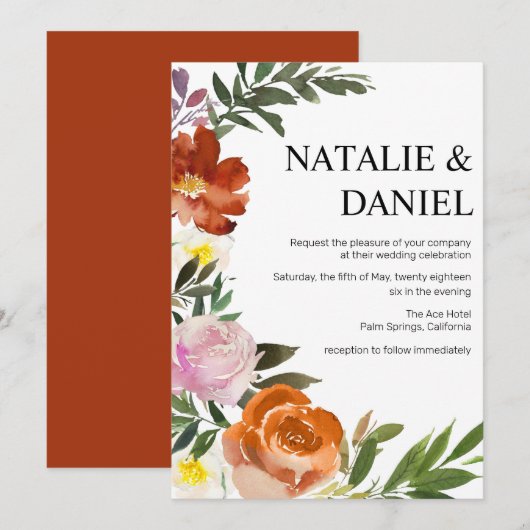 Invitation Chic Grande Orange Brûlée, Mariage Floral Rose (Devant / Derrière)