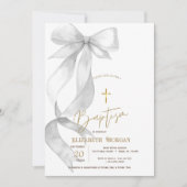 Invitation Chic Gray Bow Gold Cross Baptism (Devant)