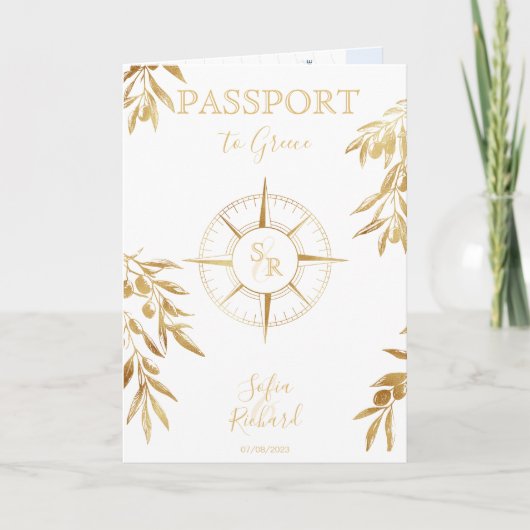 Invitation Chic Grèce Destination Mariage Passeport QR Code (Devant)