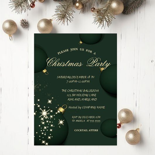Invitation Chic Green Christmas Balls Snowflakes Noël