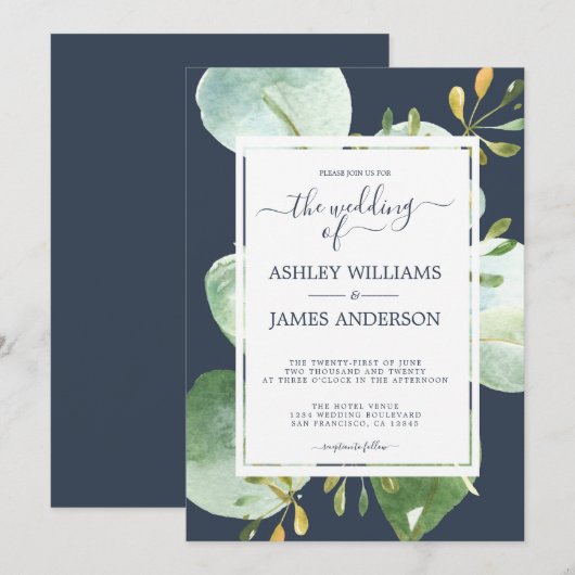 Invitation Chic Green Eucalyptus Marine Bleu Mariage botaniqu (Devant / Derrière)