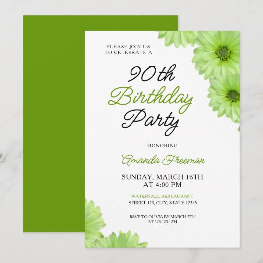 Invitation Chic Green Floral 90e anniversaire Fête (Devant / Derrière)