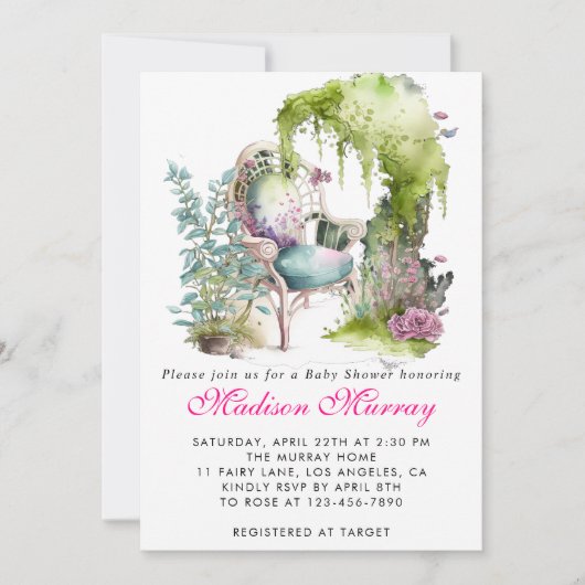 Invitation Chic Green Flower Garden Chaise Baby shower (Devant)