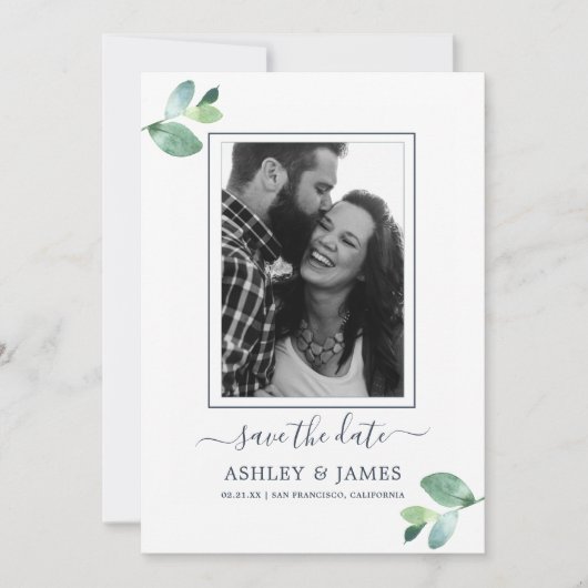 Invitation Chic Green Foliage Bleu foncé Photo Enregistrer la (Devant)