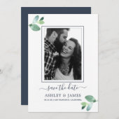 Invitation Chic Green Foliage Bleu foncé Photo Enregistrer la (Devant / Derrière)