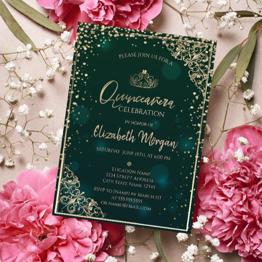 Invitation Chic Green Gold Tiara, Diamonds Quinceañera