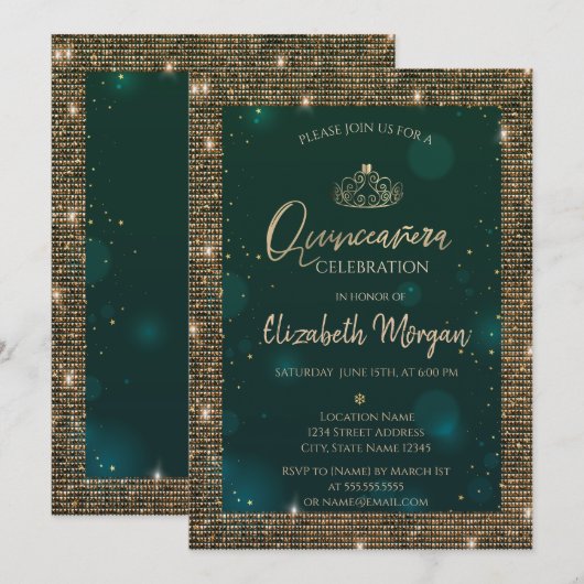 Invitation Chic Green Gold Tiara, Séquins Green Quinceañera (Devant / Derrière)