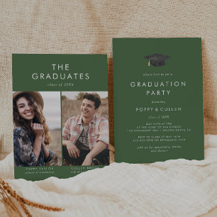 Invitation Chic Green Grad Casquette Photo Double Graduation 