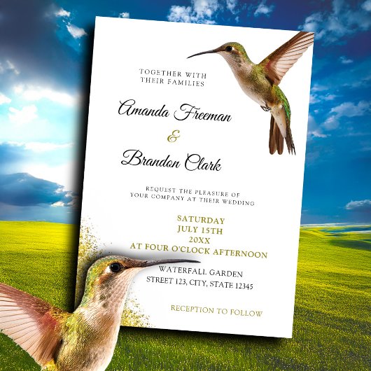 Invitation Chic Green Hummingbird et Gold Dust Mariage