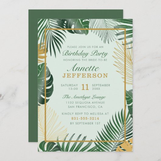 Invitation Chic Green Tropical Feuilles fête d'anniversaire b (Devant / Derrière)