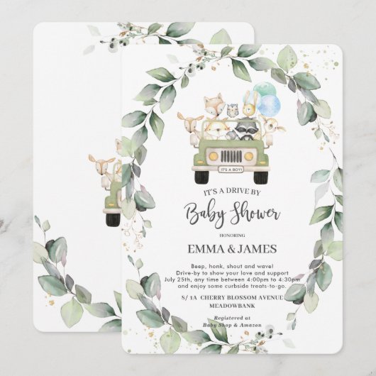 Invitation Chic Green Woodland Drive Par Baby shower Boy (Devant / Derrière)