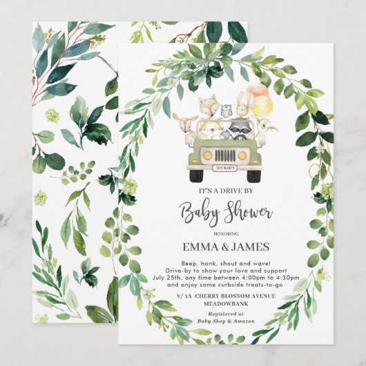Invitation Chic Green Woodland Drive Par Baby shower Parade (Devant / Derrière)