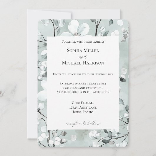 Invitation Chic Grey Blue White Floral Wedding (Devant)