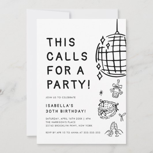 Invitation Chic Hand-Drawn 30e anniversaire fête (Devant)