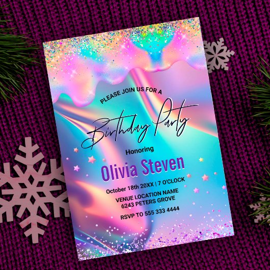 Invitation Chic holographique monogramme de parties scintilla