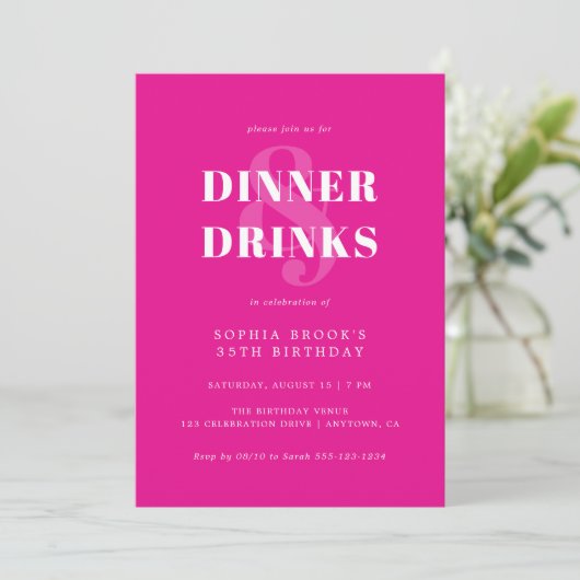 Invitation Chic Hot Rose Bold Typographie Anniversaire Dîner (Debout devant)