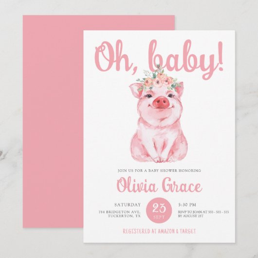 Invitation Chic Hot rose petit cochon Baby shower bébé fille (Devant / Derrière)