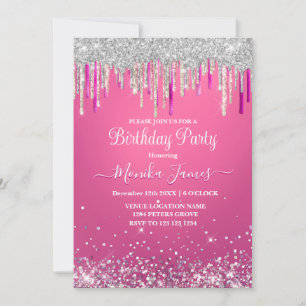 Invitation Chic Hot Rose Silver Drippings Parties scintillant