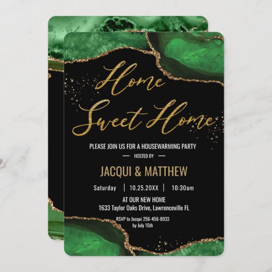 Invitation Chic House Party Emerald Green Agate Marbre (Devant / Derrière)