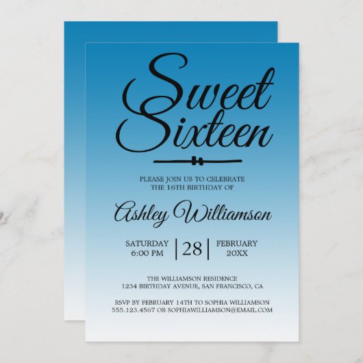 Invitation Chic Ibiza Blue Ombre Sweet 16 16e anniversaire (Devant / Derrière)