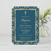 Invitation Chic Indigo Dye Gold Cross Script Floral Baptism (Debout devant)