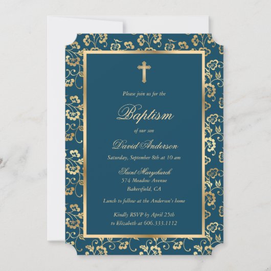 Invitation Chic Indigo Dye Gold Cross Script Floral Baptism (Devant)