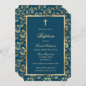 Invitation Chic Indigo Dye Gold Cross Script Floral Baptism (Devant / Derrière)