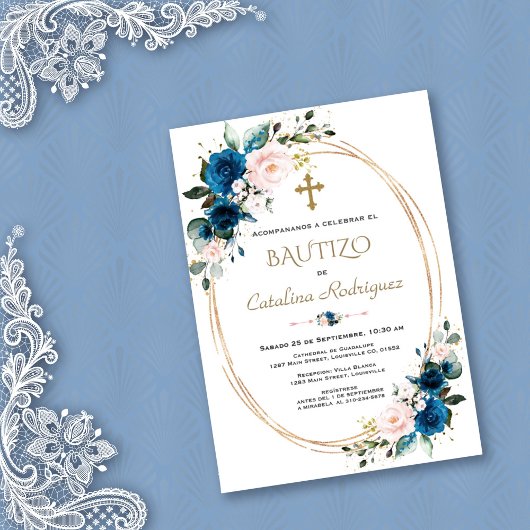 Invitation Chic Invitacion De Bautizo Gold Con Flores Baptême