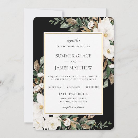 Invitation Chic ivoire Magnolias Coton Floral Mariage (Devant)
