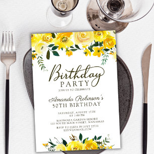 Invitation Chic Jaune Aquarelle Rose Floral 50e Anniversaire