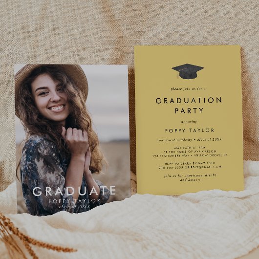Invitation Chic Jaune Grad Casquette Photo Party