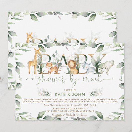 Invitation Chic Jungle Animaux Baby shower de verdure par mai (Devant / Derrière)