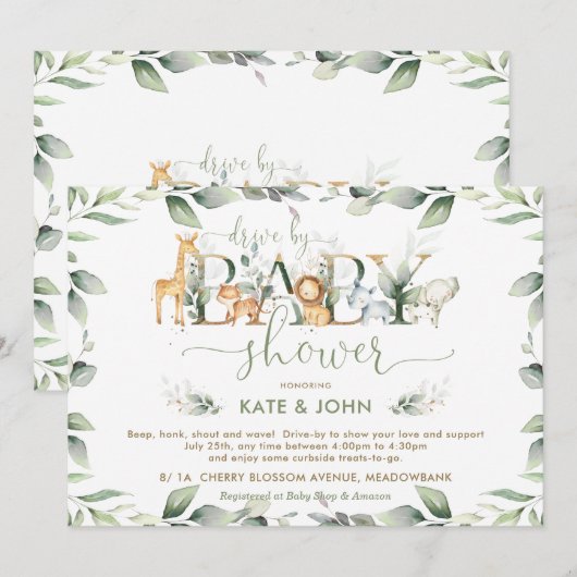 Invitation Chic Jungle Animaux Végétation Drive Par Baby show (Devant / Derrière)