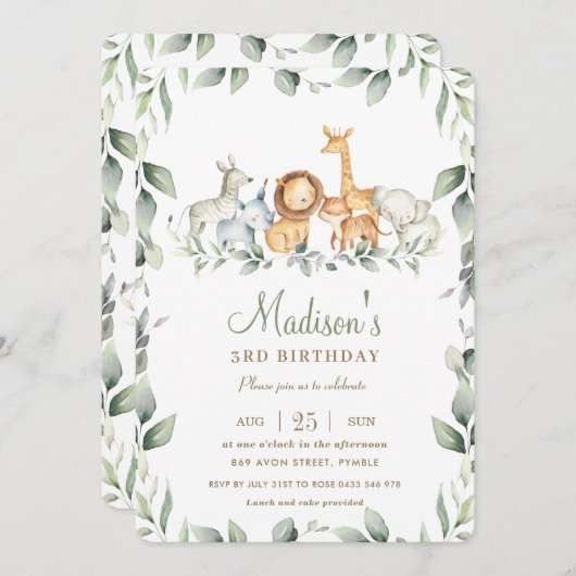 Invitation Chic Jungle Animaux Verdure Anniversaire Garçon Fi (Devant / Derrière)