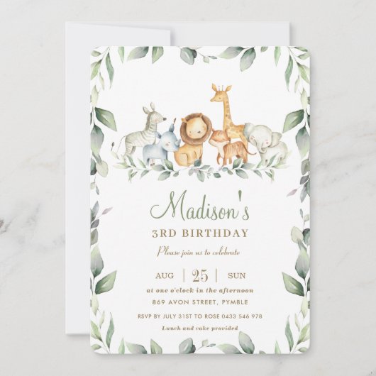 Invitation Chic Jungle Animaux Verdure Anniversaire Garçon Fi (Devant)