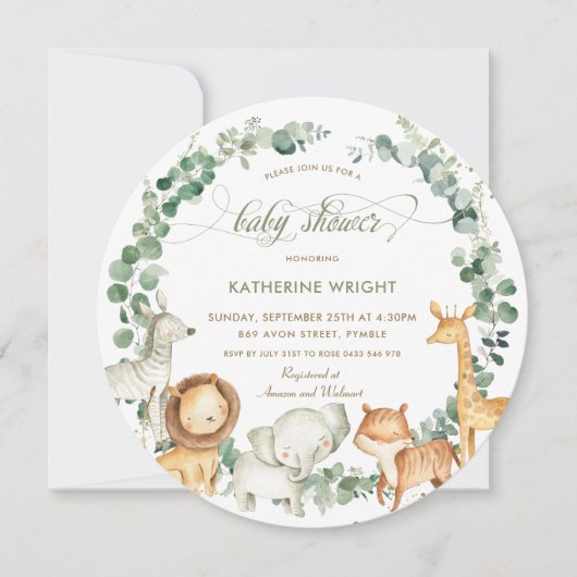 Invitation Chic Jungle Animaux Verdure Baby shower neutre (Devant)